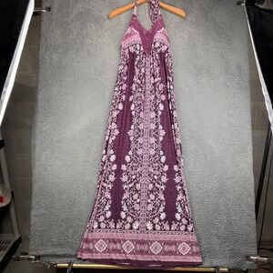 Vanity Womens Purple Floral Paisley Crochet Halter Maxi Dress Size M Boho Summer
